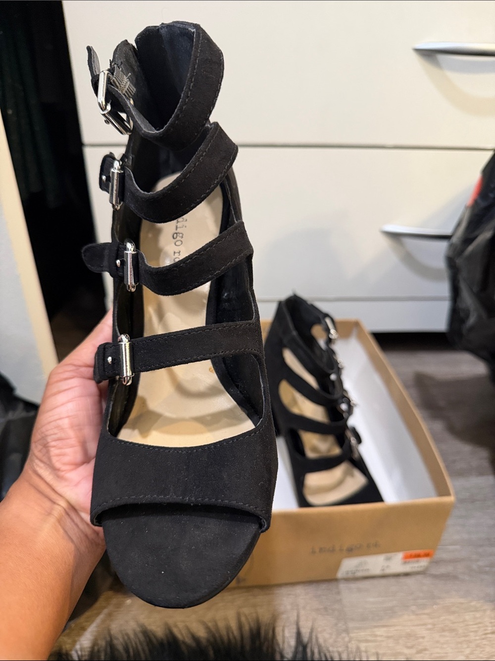 Indigo Black Multi-Strap Buckle Block Heel Sandals